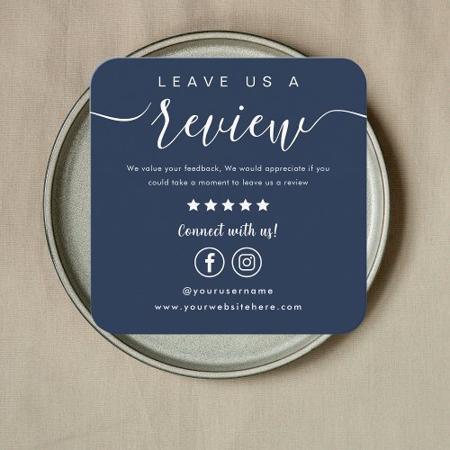 Leave Us A Review Facebook Instagram Navy Blue Square Business Card