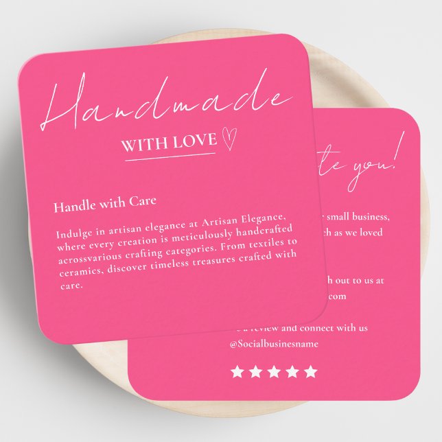 Leave Us A Review Handmade With Love Hot Pink Square Business Card (Creator Uploaded)
