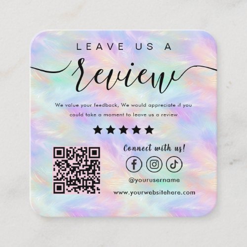 Leave Us A Review Iridescent Opal Stylish Qr Code Square Business Card