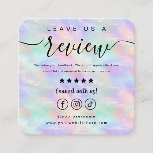 Leave Us A Review Logo Iridescent Opal Stylish Square Business Card