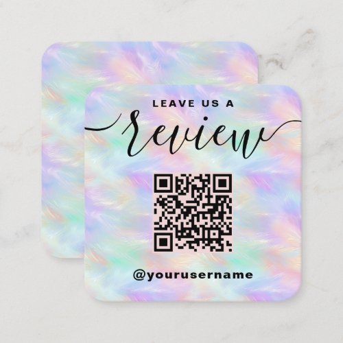 Leave Us A Review QR Code Iridescent Stylish Logo Square Business Card