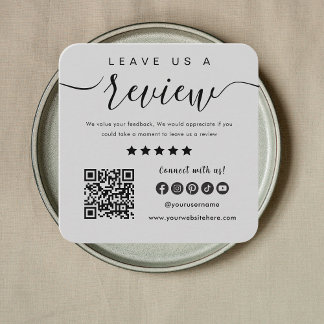 Leave Us A Review Qr Code Social Media Grey Logo Square Business Card