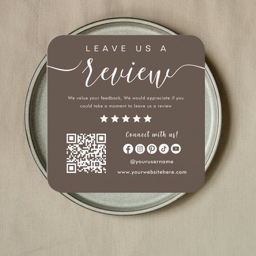 Leave Us A Review Qr Code Social Media Logo Brown Square Business Card