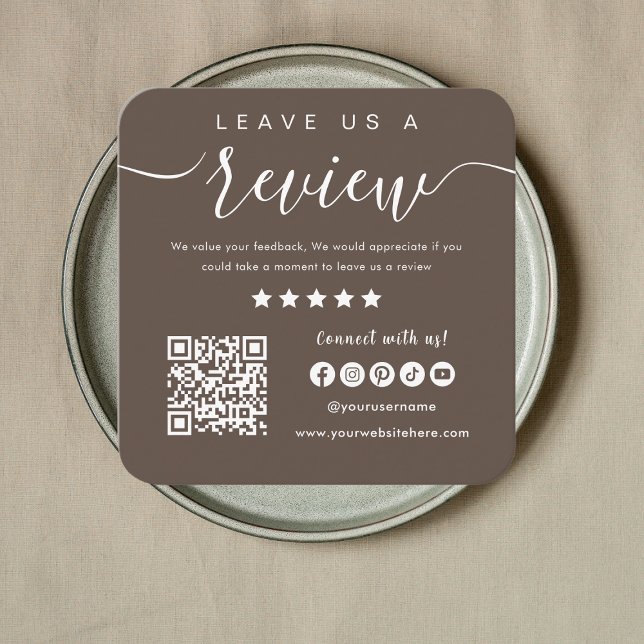 Leave Us A Review Qr Code Social Media Logo Brown Square Business Card (Creator Uploaded)