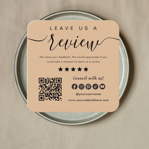Leave Us A Review Qr Code Social Media Logo Rustic Square Business Card