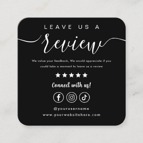 Leave Us A Review Social Media Logo Black Script Square Business Card