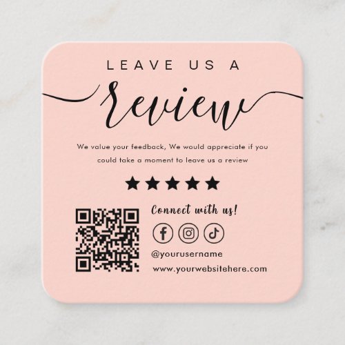 Leave Us A Review Social Media Logo Blush Pink Square Business Card