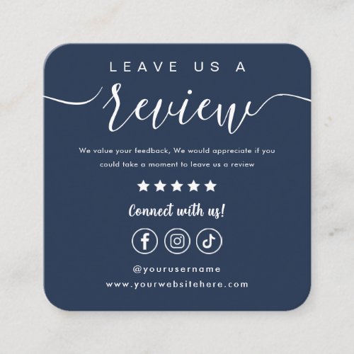 Leave Us A Review Social Media Logo Navy Blue Square Business Card