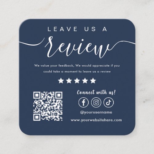 Leave Us A Review Social Media Logo Navy Blue Square Business Card