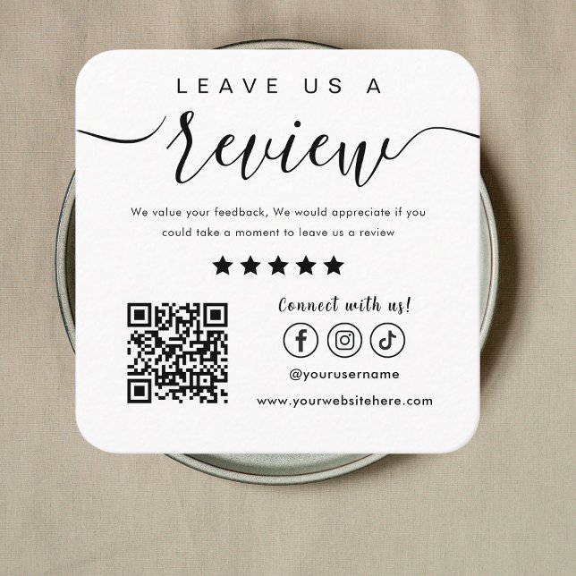 Leave Us A Review Social Media Logo Trendy White Square Business Card (Creator Uploaded)
