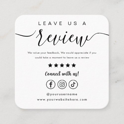 Leave Us A Review Social Media Logo White Script Square Business Card