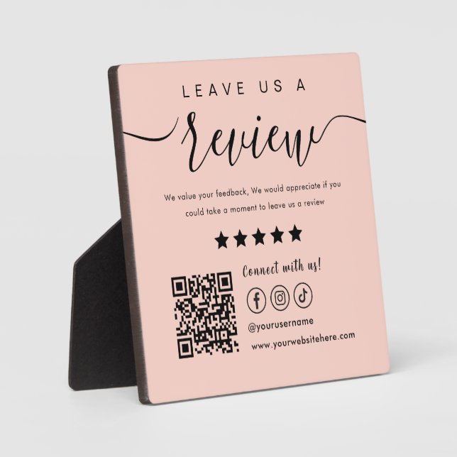 Leave Us A Review Social Media Qr Code Blush Pink Plaque (Front)