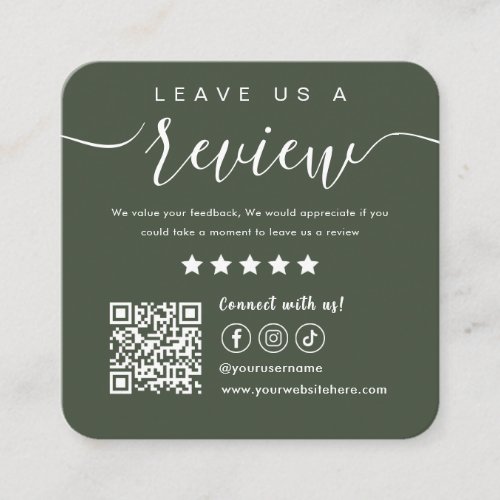 Leave Us A Review Social Media Qr Code Dark Green Square Business Card