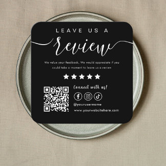 Leave Us A Review Social Media Qr Code Logo Black Square Business Card