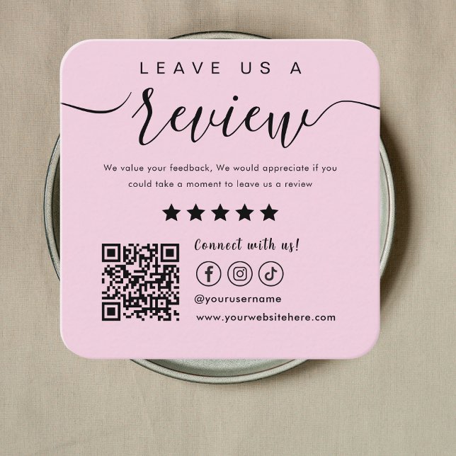 Leave Us A Review Social Media Qr Code Logo Pink Square Business Card (Creator Uploaded)