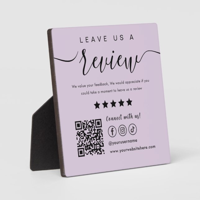 Leave Us A Review Social Media Qr Code Logo Purple Plaque (Front)