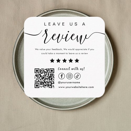 Leave Us A Review Social Media Qr Code Logo White Square Business Card