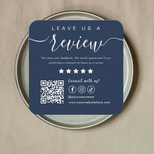 Leave Us A Review Social Media Qr Code Navy Blue Square Business Card