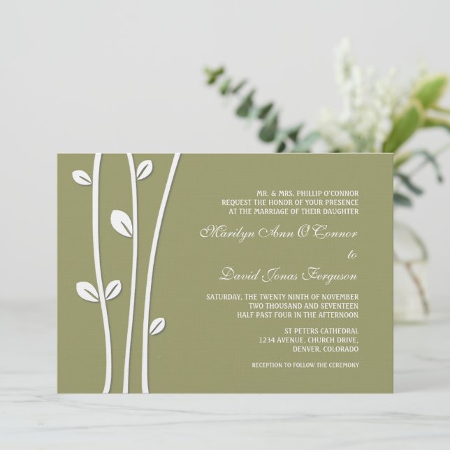 Leaved White Branches Wedding Invitation (Standing Front)