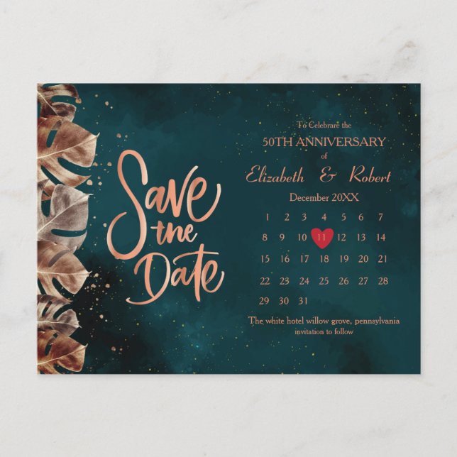Leaves 50th Anniversary Luxury The Date Calendar Announcement Postcard (Front)