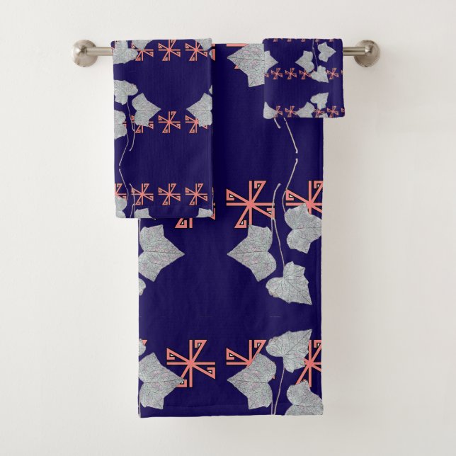 Leaves And Asterisks Navy Blue  Bath Towel Set (Insitu)