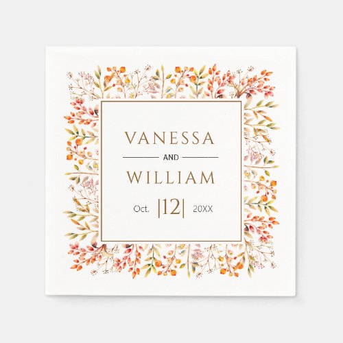 Leaves and berries brown fall wedding napkins