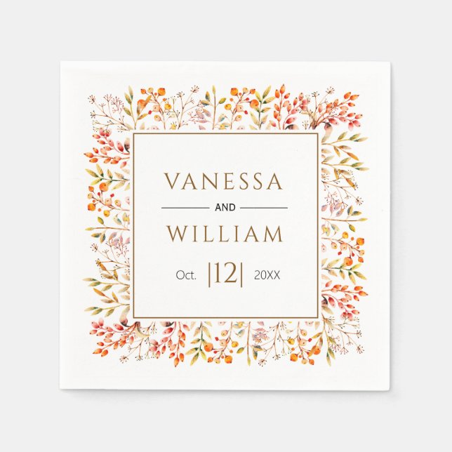 Leaves and berries brown fall wedding napkins (Front)