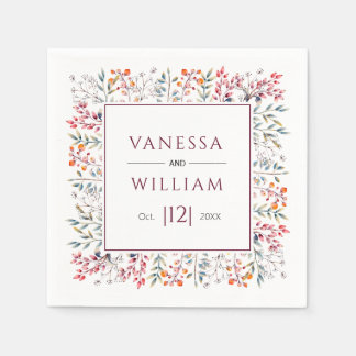 Leaves and berries burgundy winter wedding napkins