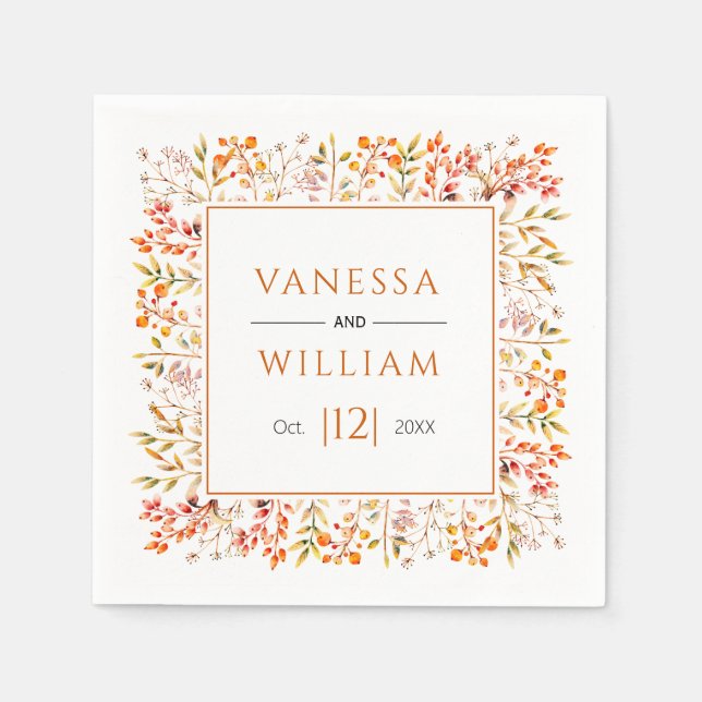 Leaves and berries burnt orange fall wedding napkins (Front)