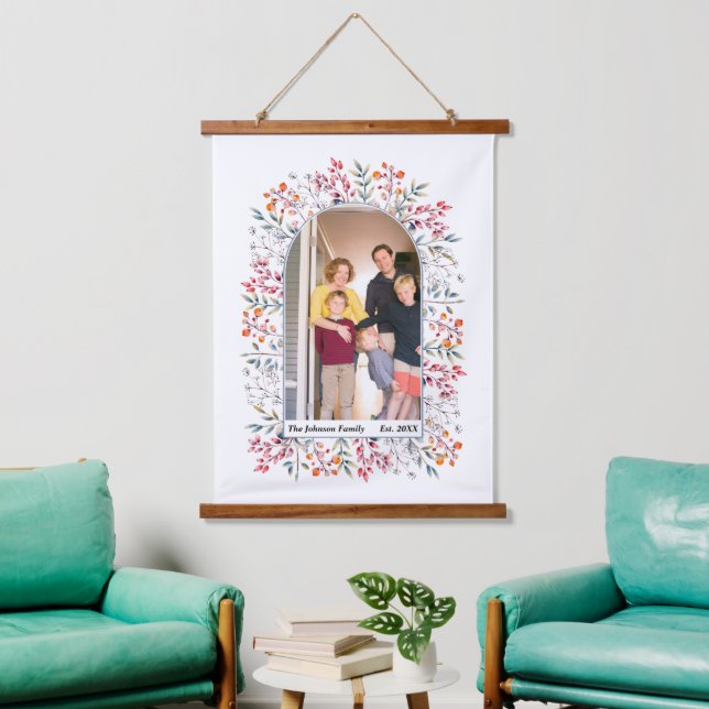Leaves and berries dusty blue arch family photo hanging tapestry (Living Room)
