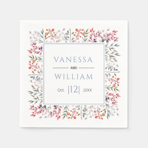 Leaves and berries dusty blue winter wedding napkins