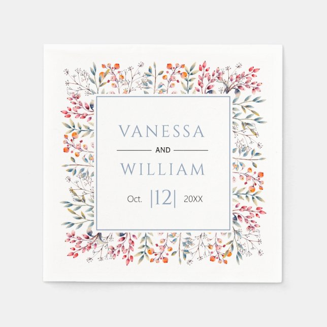 Leaves and berries dusty blue winter wedding napkins (Front)