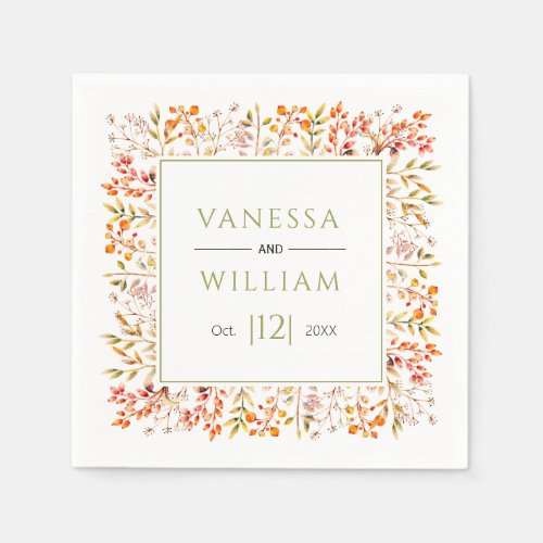 Leaves and berries olive green fall wedding napkins