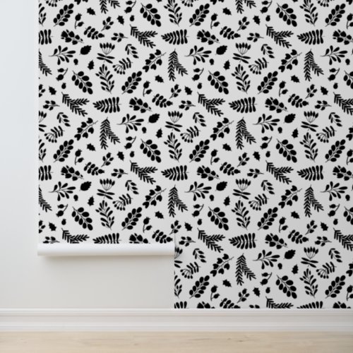 Leaves and Berries Pattern _ Black  White Wallpaper