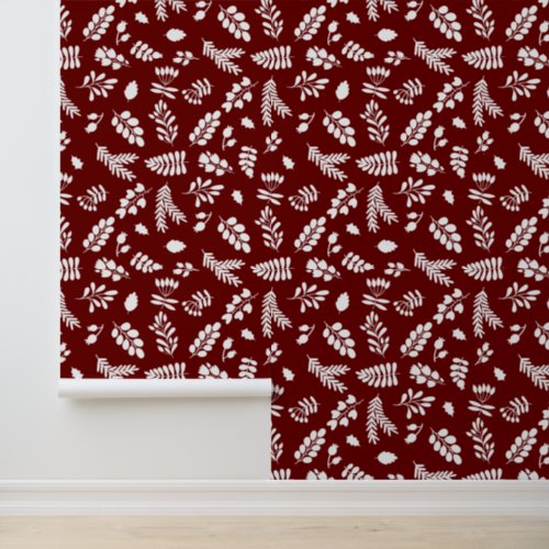 Leaves and Berries Pattern _ Cranberry  White Wallpaper