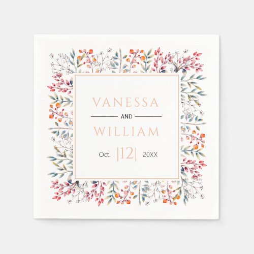 Leaves and berries peach border wedding napkins