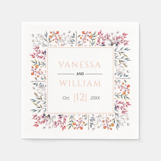 Leaves and berries peach border wedding napkins (Front)