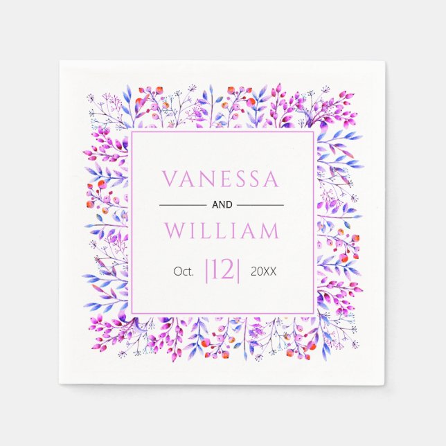 Leaves and berries pink purple winter wedding napkins (Front)