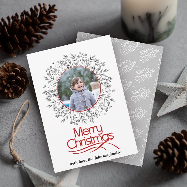 Leaves and berries red gray Merry Christmas photo Holiday Card (Creator Uploaded)