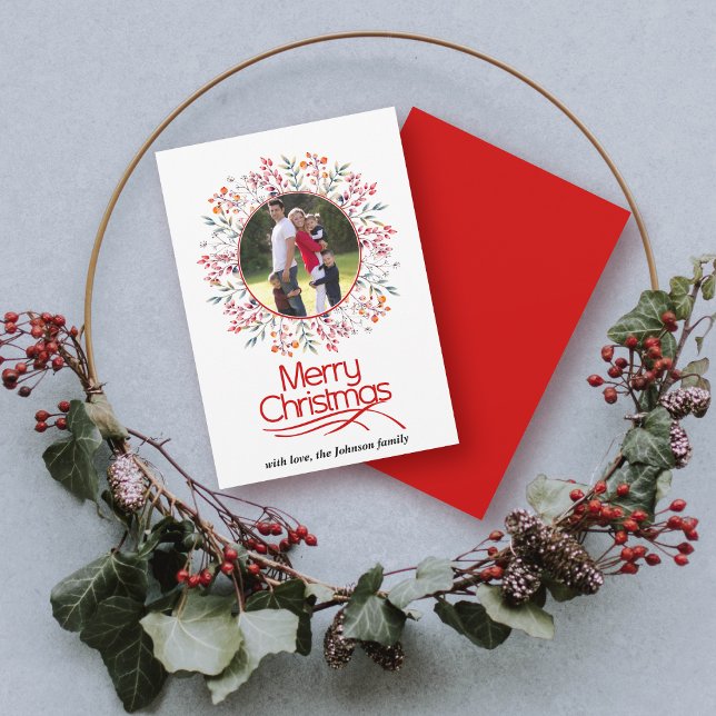 Leaves and berries red Merry Christmas photo Holiday Card (Creator Uploaded)