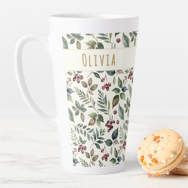 Leaves and Berries Rustic Winter Personalized Latte Mug (In Situ)