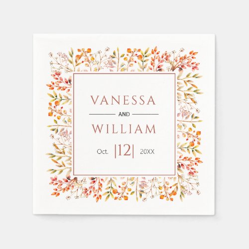 Leaves and berries terracotta fall wedding napkins