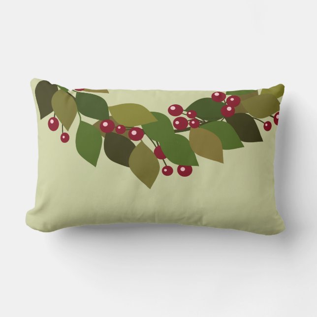 Leaves and Berries Wreath | Rustic Christmas Lumbar Pillow (Front)