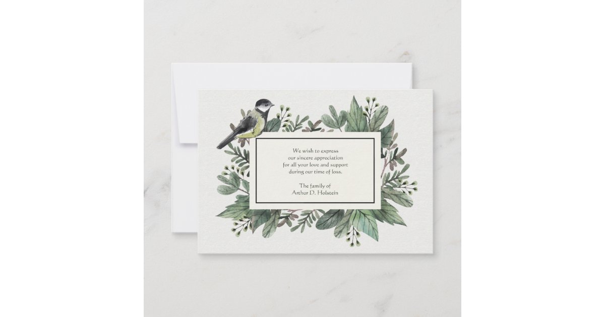 Leaves and Bird Bereavement Thank You Card | Zazzle