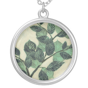 Leaves and Branches on Cream Background Silver Plated Necklace