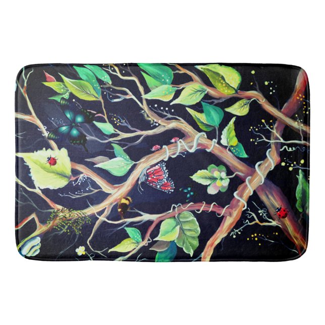 Leaves and butterflies painting bathroom mat (Front)