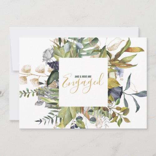 Leaves and flower wreath border engaged announcement
