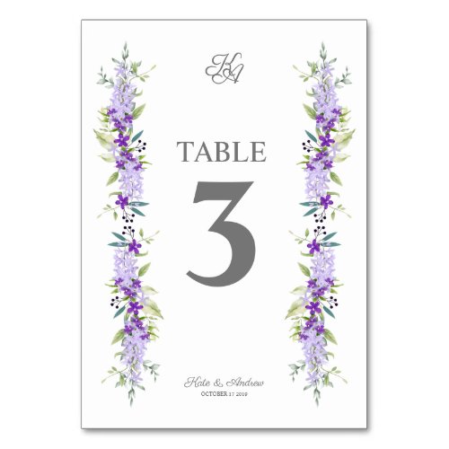 Leaves and Flowers in Purple Shades Table Number