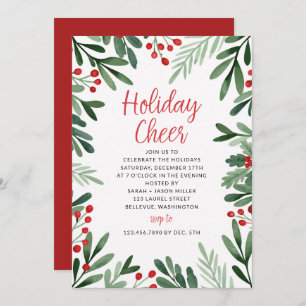 Leaves and Holly Border Christmas Holiday Party Invitation