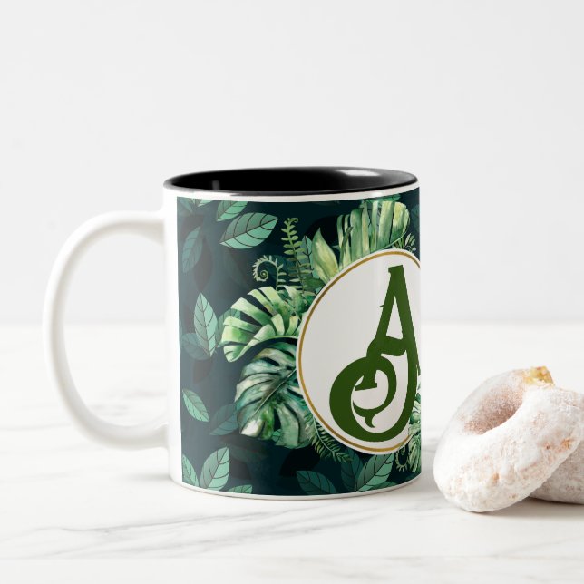 Leaves and initial personalized for plant lovers Two-Tone coffee mug (With Donut)